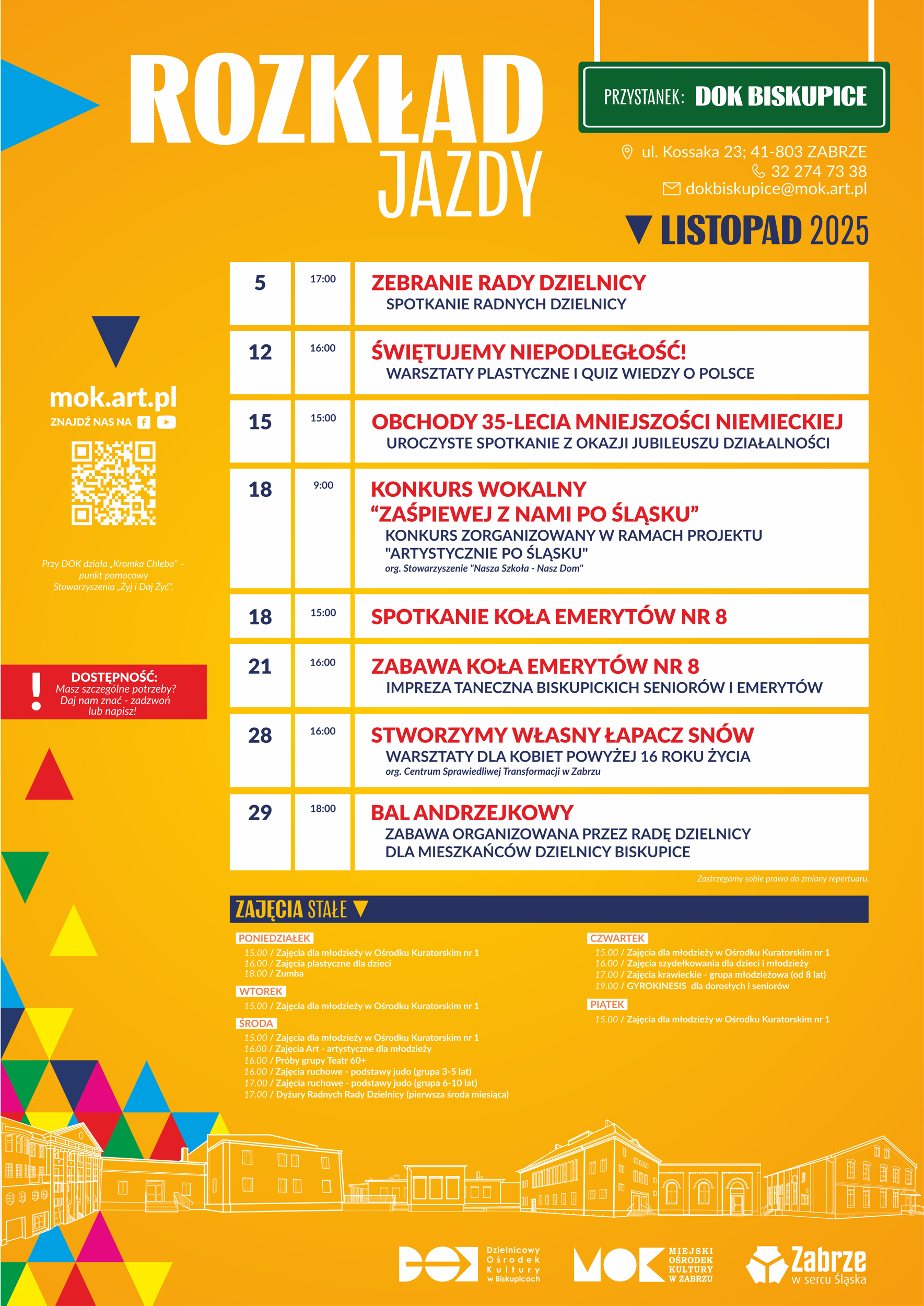 Rozkład Jazdy / DOK Biskupice - listopad2025 plakat z informacjami o wydarzeniach w DOK Biskupice w listopadzie2025